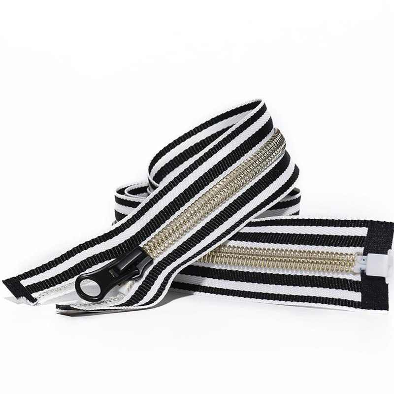 #5 Open End Nylon Coil Zipper Golden Teeth Color Striped Tape for Garment Bags Home Textile Tent